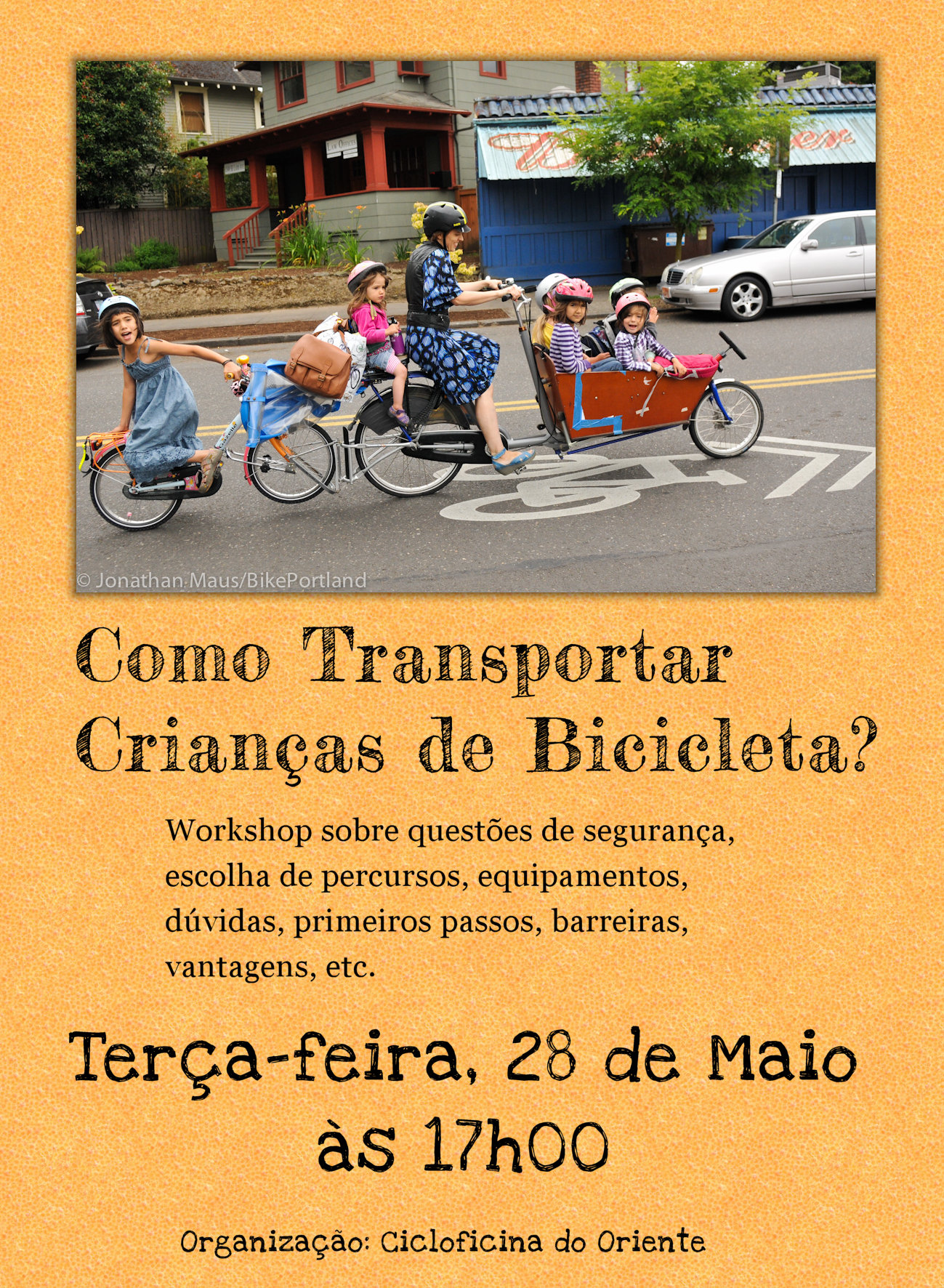 workshop transportar crianças em bicicleta - cartaz